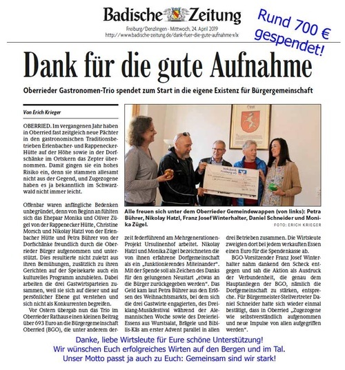 Zeitungsausschnitt BZ Spende Wirte